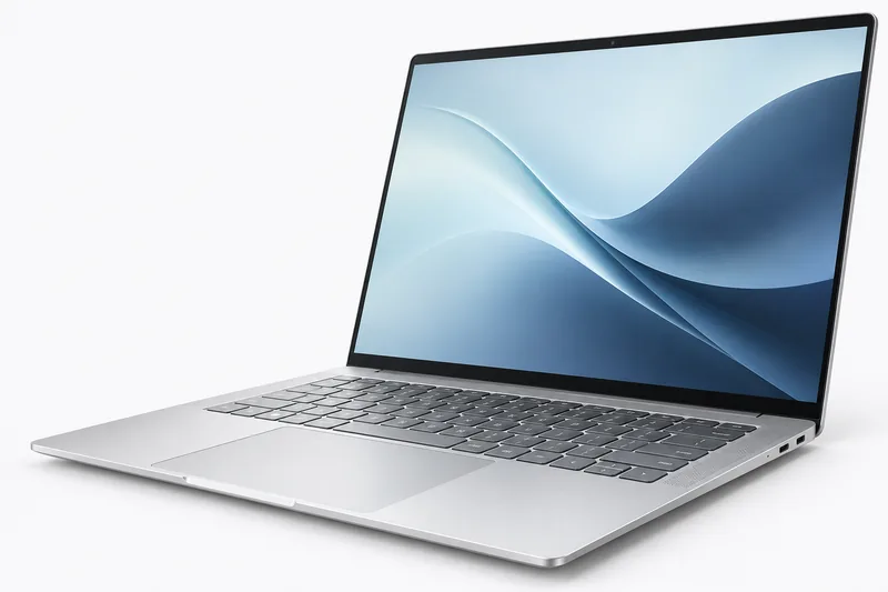 Silver business laptop with a pale cyan display